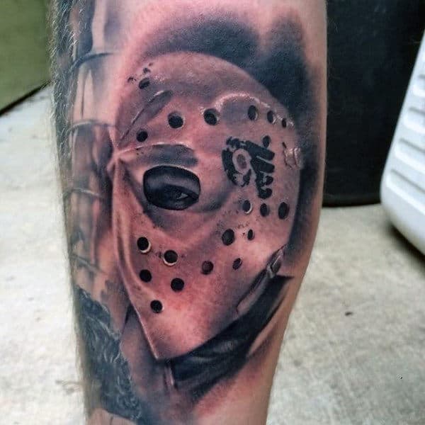Shaded Realistic Hockey Mask Mens Leg Tattoo Ideas