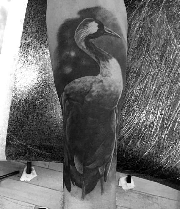 Shaded Realistic Mens Crane Tattoo On Forearm