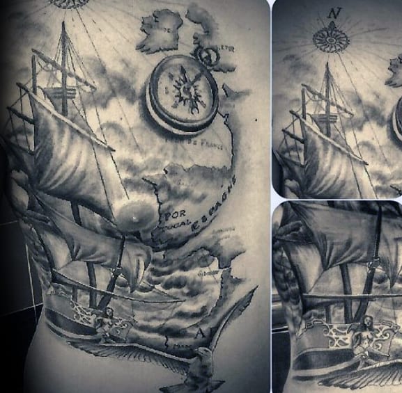 Shaded Realistic Mens Sailing Ship With Seagull Chest Tattoos