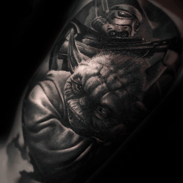 Shaded Realistic Mens Yoda Star Ware Arm Tattoo
