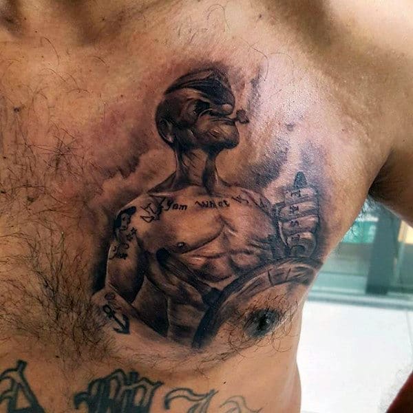 Shaded Realistic Popeye Mens Upper Chest Tattoo Design Inspiration