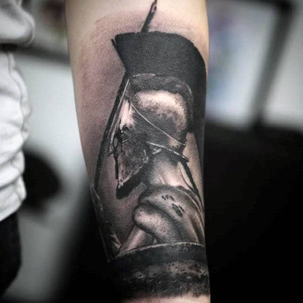 Shaded Realistic Spear In Hands Of Spartan Warrior Mens Forearm Tattoo