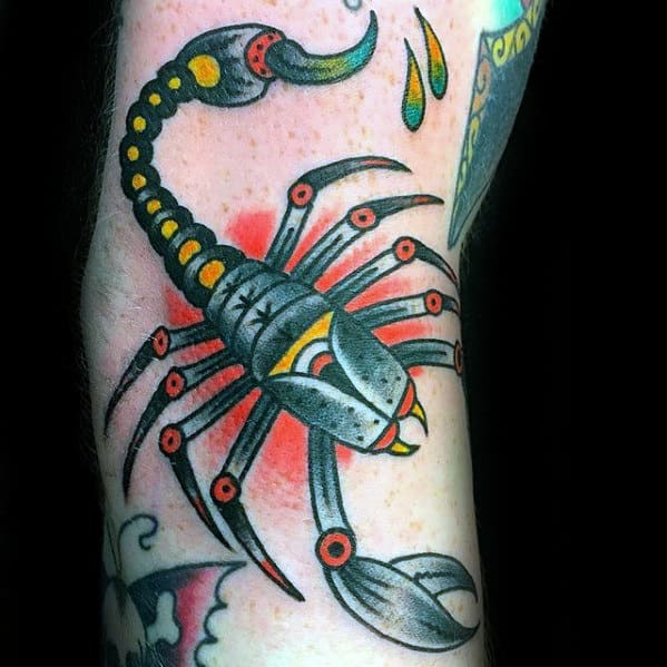 Shaded Red Black And Yellow Mens Traditional Scorpion Arm Tattoo