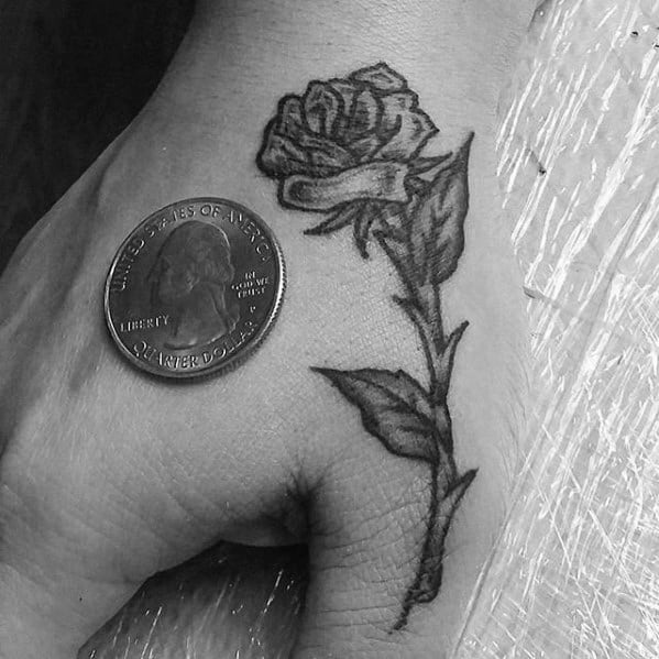 Shaded Rose Flower Small Guys Hand Tattoos