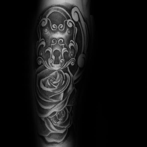 Shaded Rose Flowers Lock Tattoos For Males On Forearm