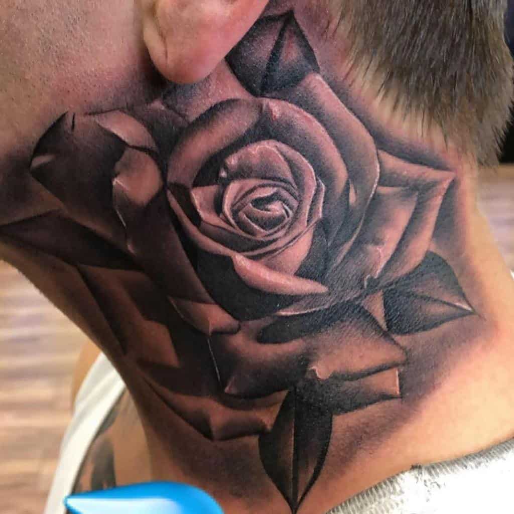 A stunningly realistic rose tattoo beautifully adorns the side of a person's neck, transforming it into a captivating canvas