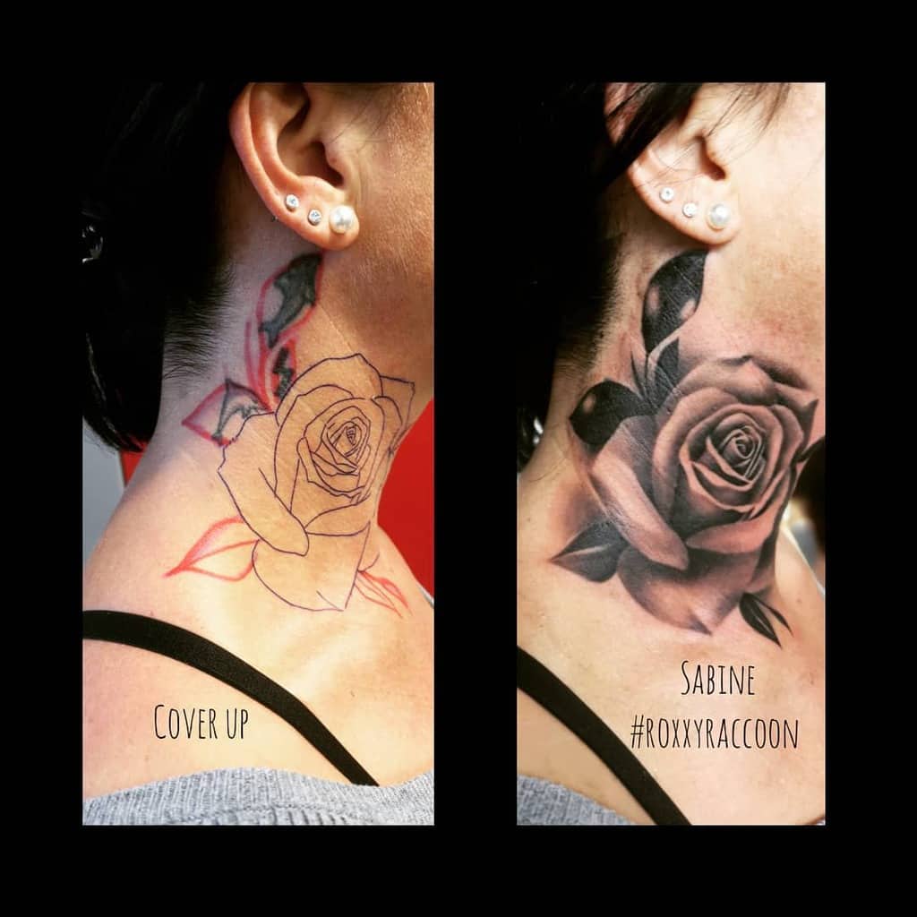 Before and after image showcasing a rose tattoo gracefully covering a previous design on the neck