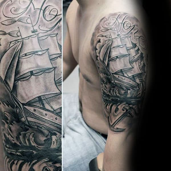 Shaded Sailing Ship Anchor Guys Hope Half Sleeve Tattoos