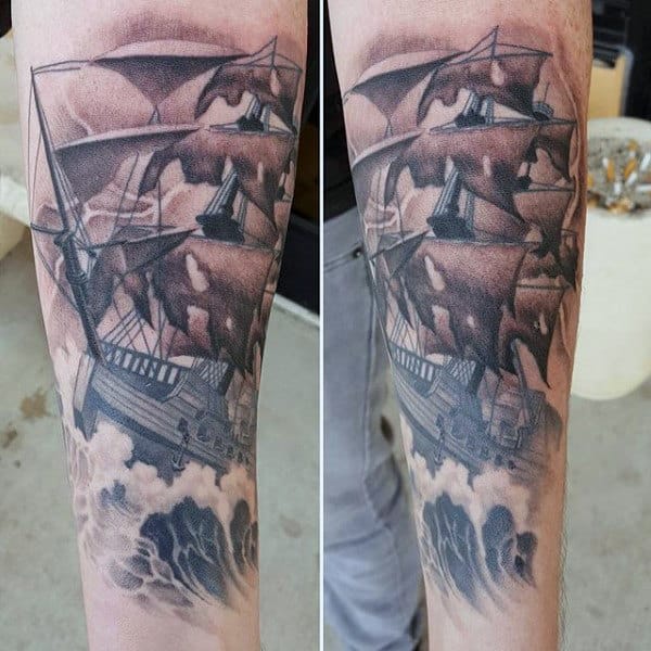 Shaded Sailing Ship With Ocean Waves Guys Nautical Forearm Tattoo