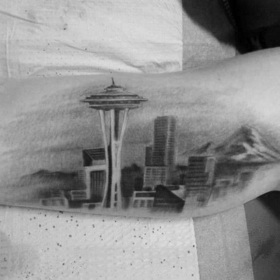 Shaded Seattle Skyline Inner Arm Bicep Tattoos For Guys