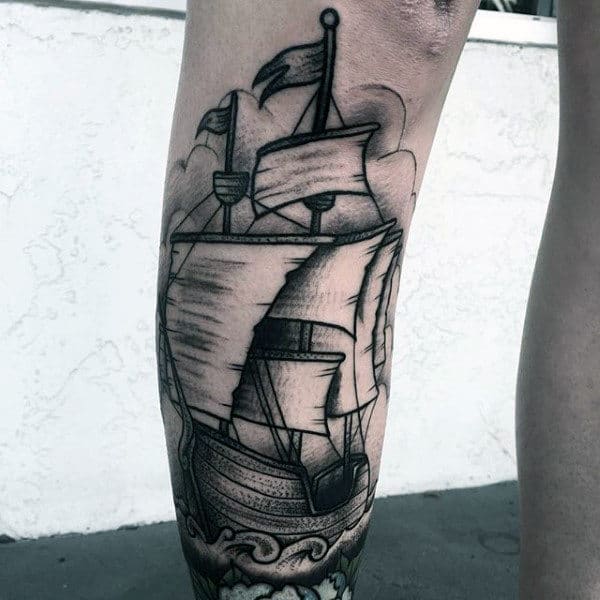 Shaded Sialing Ship At Sea Shin Guys Tattoos