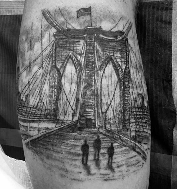 Shaded Sketched Bridge Mens Leg Calf Tattoo