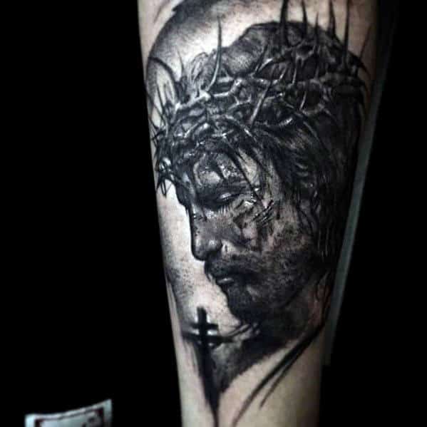 Shaded Sketched Guys Jesus Forearm Tattoo