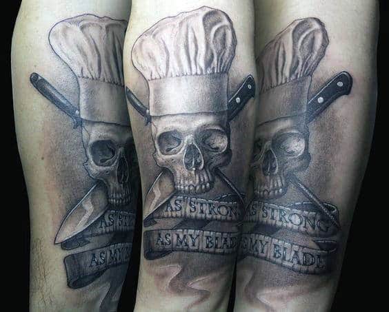 Shaded Skull And Crossbones Chef Knife Arm Tattoos For Gentlemen