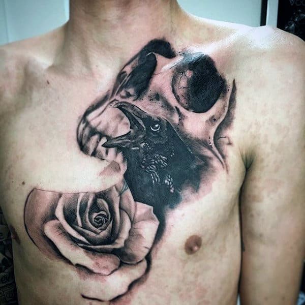 Shaded Skull And Rose Mens Crow Chest Tattoo Design Ideas