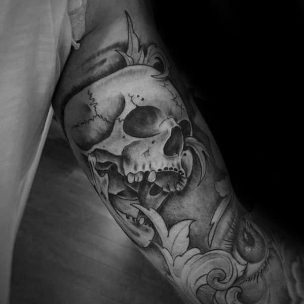Shaded Skull Guys Filigree Sleeve Tattoo Designs