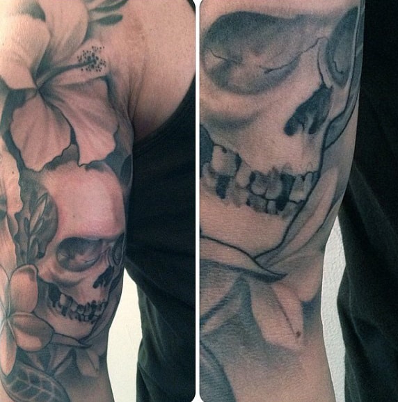 Shaded Skull Hibiscus Flower Mens Realistic Arm Tattoos