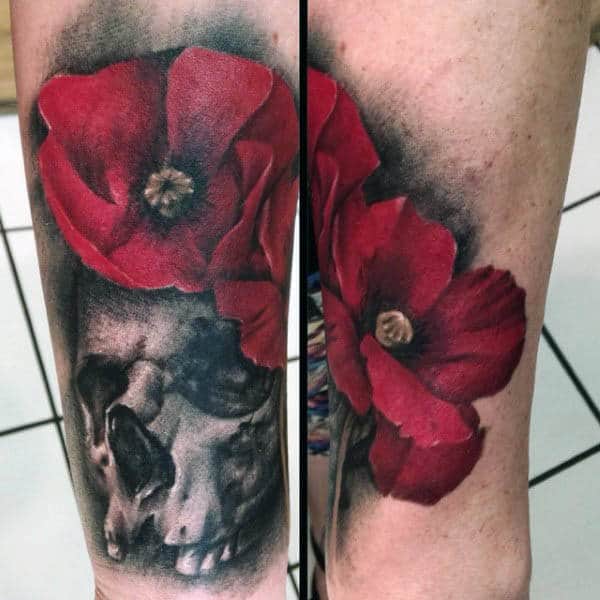 Shaded Skull Red Poppy Mens Tattoos On Leg