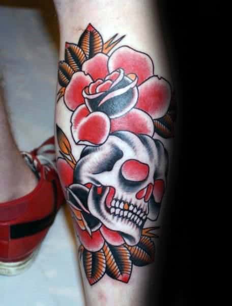 Shaded Skull With Red Rose Flower Mens Leg Traditional Tattoo Designs