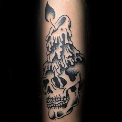 Shaded Skull With Wax Candle Male Forearm Traditional Tattoos
