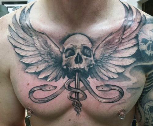 Shaded Skull With Wings Caduceus Mens Upper Chest Tattoos