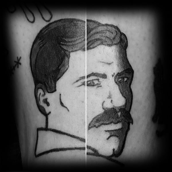 Black and grey Archer tattoo featuring a side-profile of the spy with a mustache, blending his classic and Bob Belcher personas.