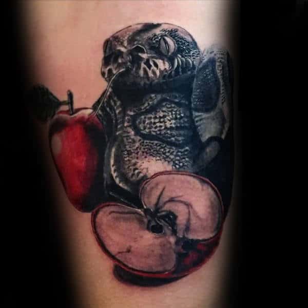Shaded Snake With Red Apple Mens Arm Tattoos