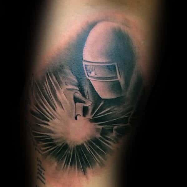 Shaded Sparking Welding Leg Calf Tattoo On Gentleman