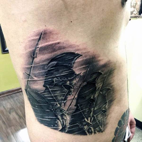 Shaded Spartan Spear Mens Rib Cage Side Tattoo Designs