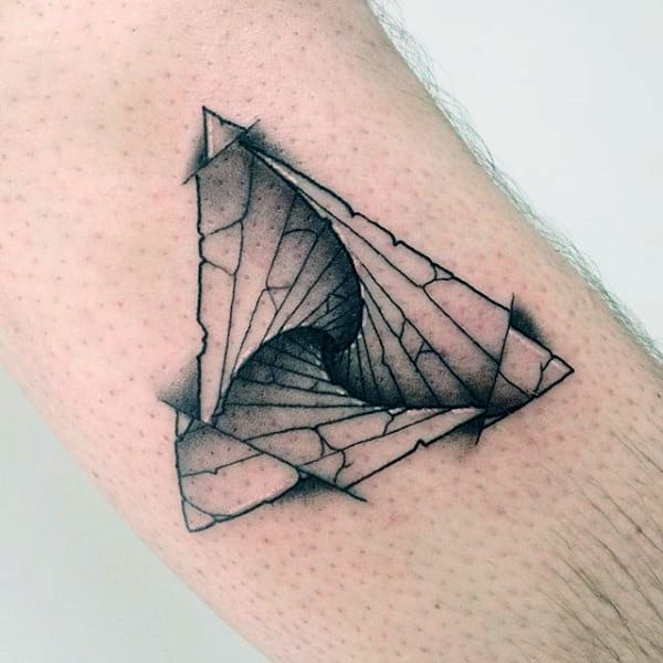 Shaded Spiral Staircase In Triangle Tattoo On Arms For Men