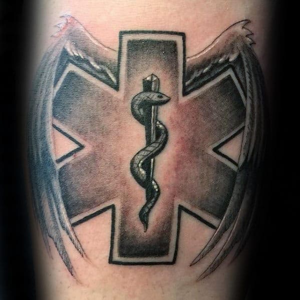 Shaded Star Of Life With Angel Wings Guys Paramedic Arm Tattoos