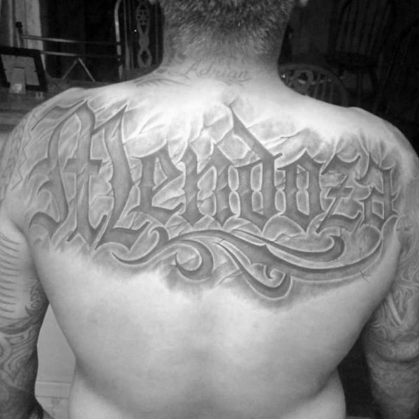 Shaded Stone Old English Mens Back Tattoo
