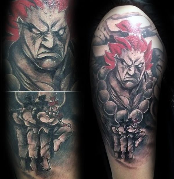 Shaded Street Fighter With Red Hair Mens Half Sleeve Tattoos
