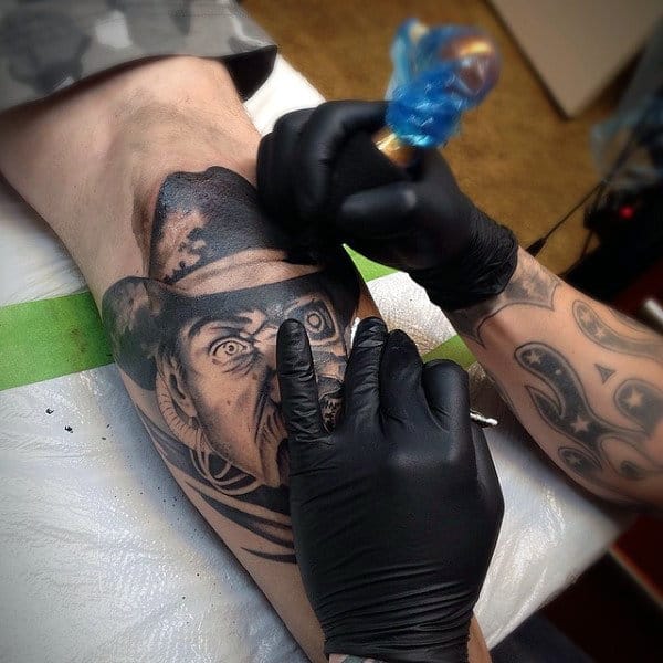 Shaded Tattoo Inspiration Cowboy Hat On Shin Of Gentleman