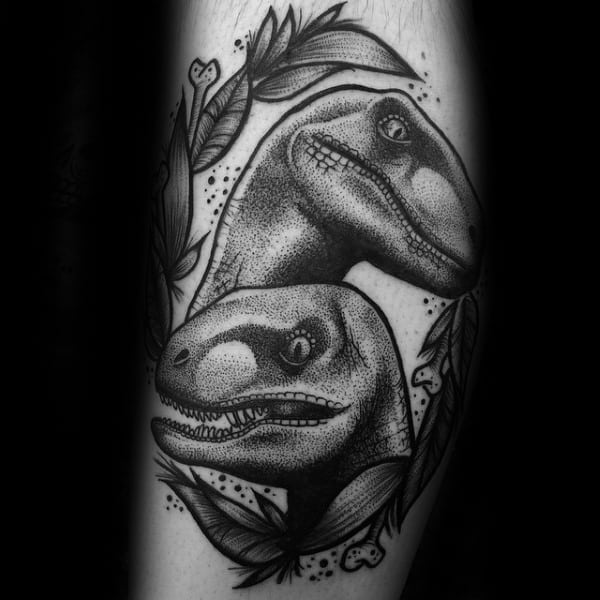 Shaded Tattoos Of Velociraptors On Gentleman