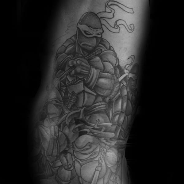 Shaded Teenage Mutant Ninja Turtle Rib Cage Side Tattoo Design Inspiration For Males