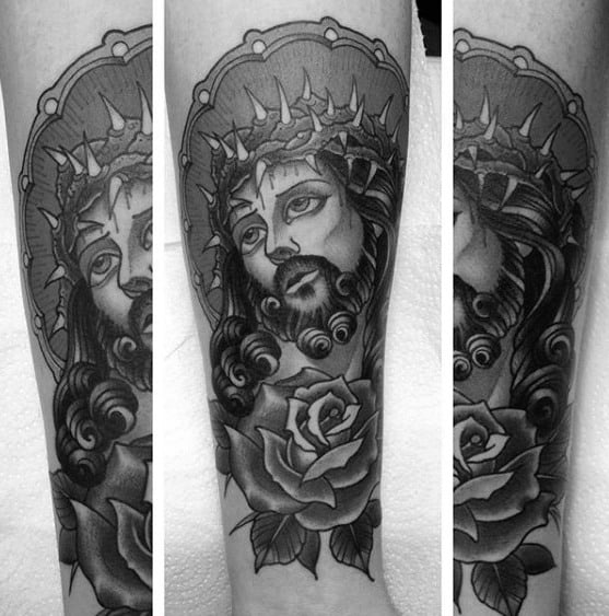 Shaded Traditional Jesus Rose Flower Forearm Tattoos For Guys