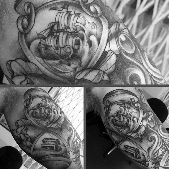 Shaded Treasure Chest Black And Grey Ink Mens Inner Arm Bicep Tattoos