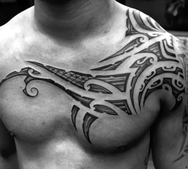 Shaded Tribal Chest Tattoos For Men Designs