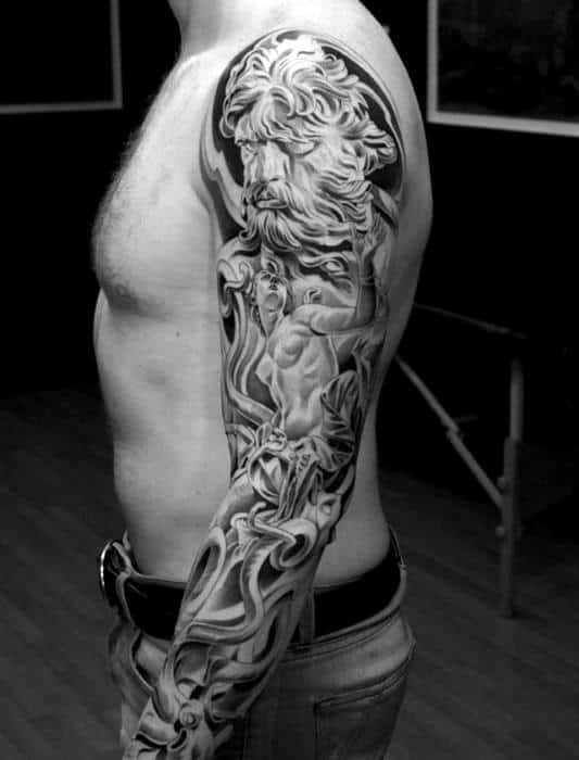 Shaded Unique Greek God Male Sleeve Tattoo Ideas