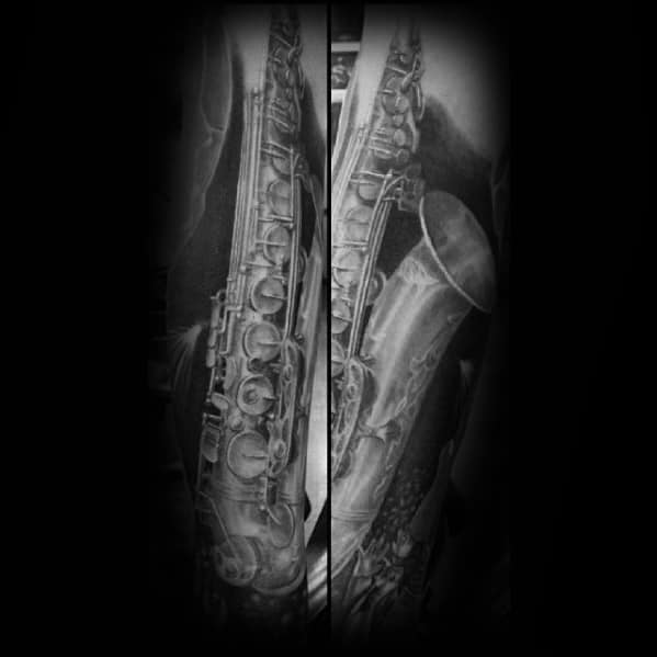 Shaded Unique Saxophone Male Forearm Tattoo Design Ideas