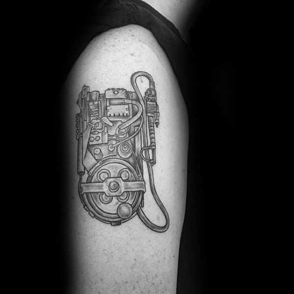Shaded Upper Arm Ghostbusters Tattoo Design On Man