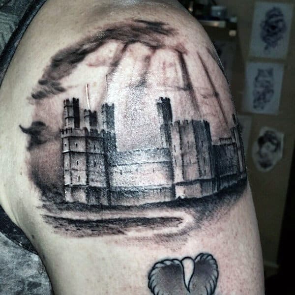 Shaded Upper Arm Scottish Mens Castle Tattoos