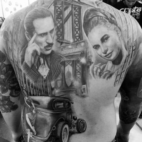 Shaded Vintage Mens Bridge Full Back Tattoo