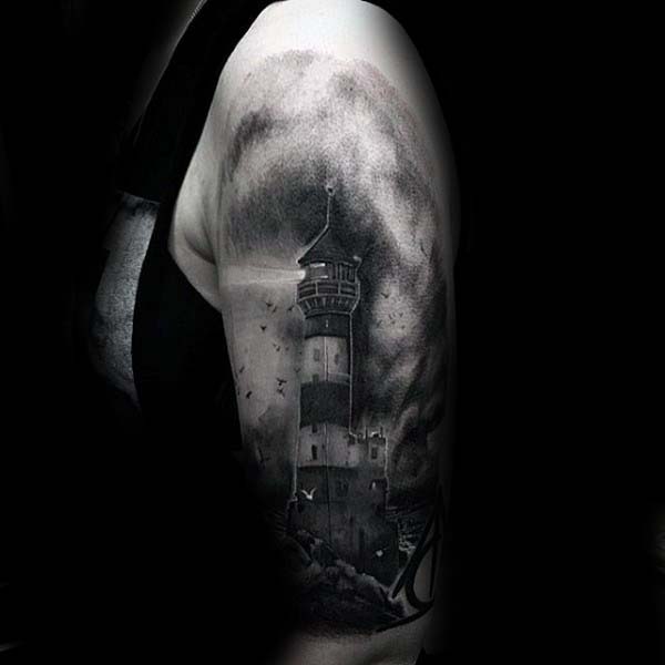 Shaded Watercolor Nice Mens Lighthouse Arm Tattoos