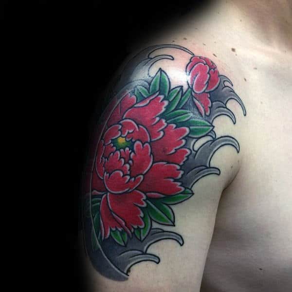 Shaded Waves With Red Peony Flowers Mens Upper Arm Tattoo Ideas