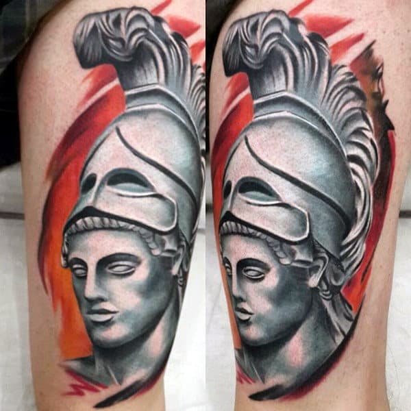 Shaded White And Black Ink Roman Warrior Awesome Tattoo Ideas For Guys On Leg