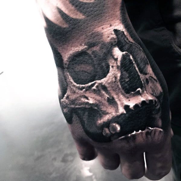 Shaded White Ink Badass Skull Male Hand Tattoo Ideas