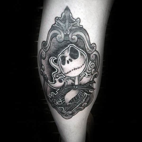 Shaded White Ink Zero Dog With Jack Night Before Christmas Mens Leg Calf Tattoos