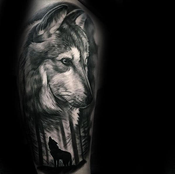 Shaded Wolf Howling In The Forest Mens Realistic Arm Tattoo